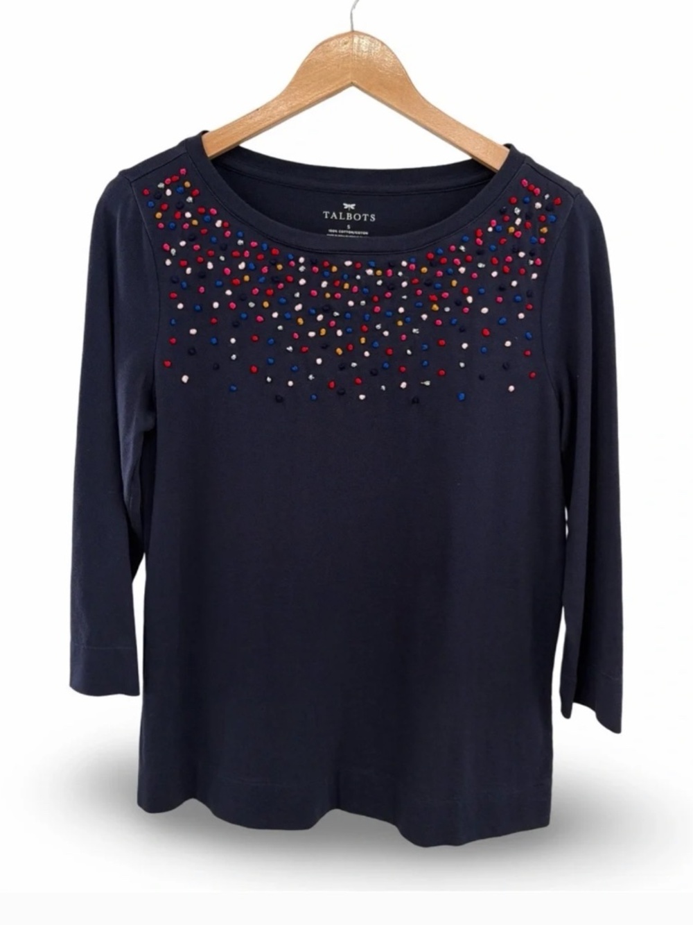 Talbots Navy Pom Pom Stretch Knit Long Sleeve cotton Top Size Medium